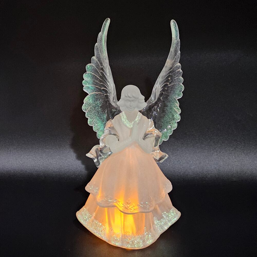Vintage Frosted Angel Figurine Clear Wings Praying Glitter Accents Layered Dress